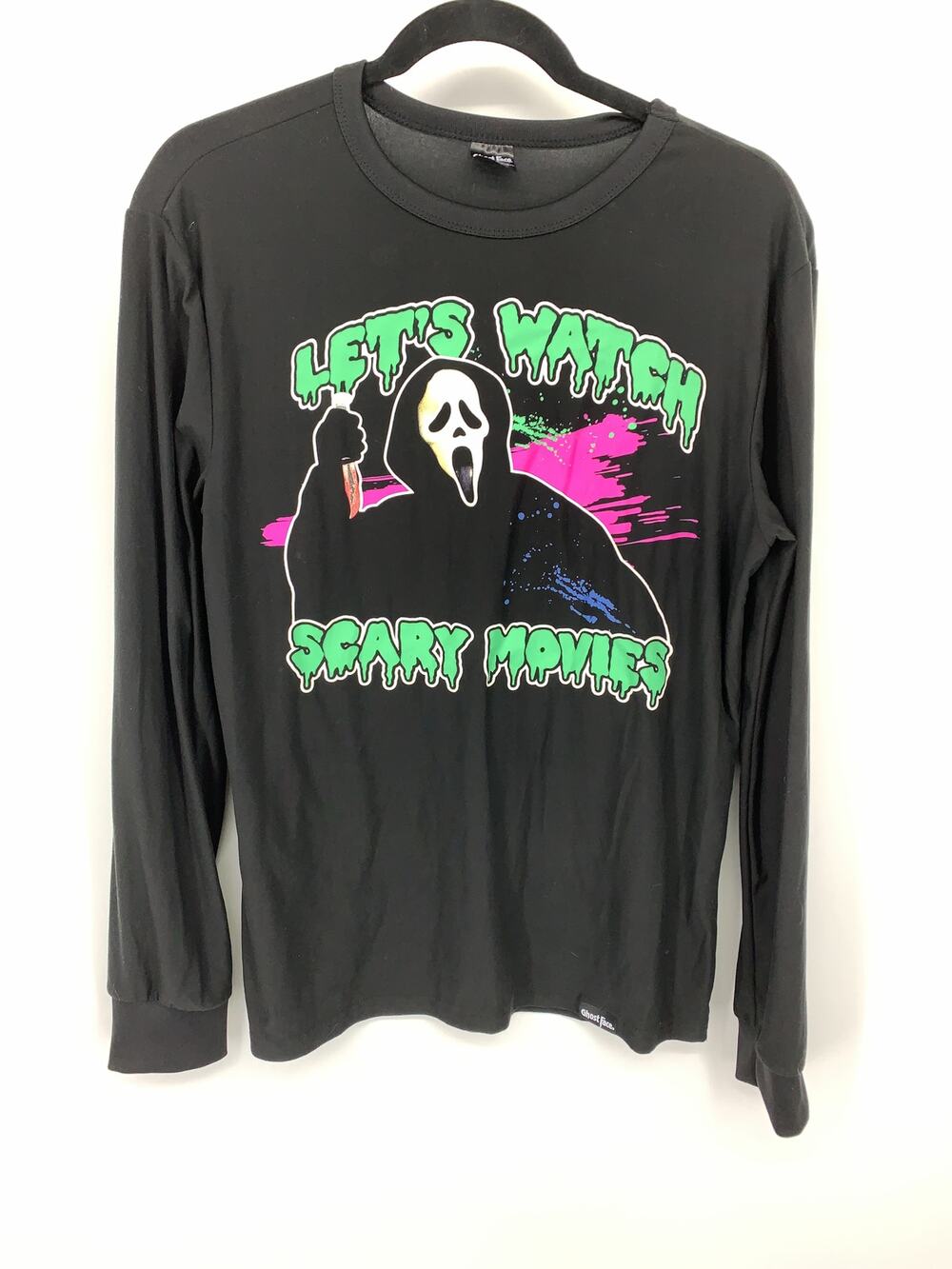 Ghost Face Shirt Mens Small Black Long Sleeve Knife Graphic Splatter Paint